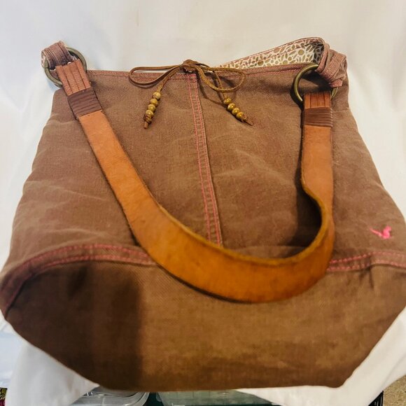 American Outfitters-Brown/Pink Canvas Boho/Hippie Shoulder Bag-Leather Strap - Picture 1 of 14